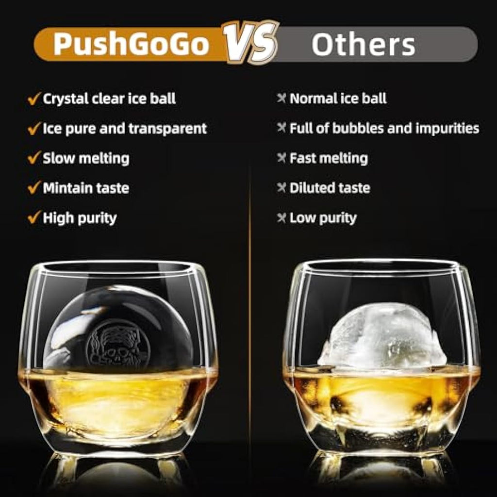 PushGoGo Clear Ice Ball Maker – 2.4 Inch Silicone Sphere Molds, 4-Cavity