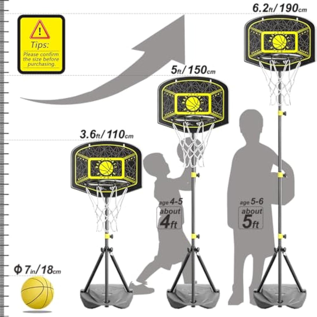 GILIKOKO Kids Basketball Hoop | 3.6-6.2ft Adjustable Steel Frame Stand