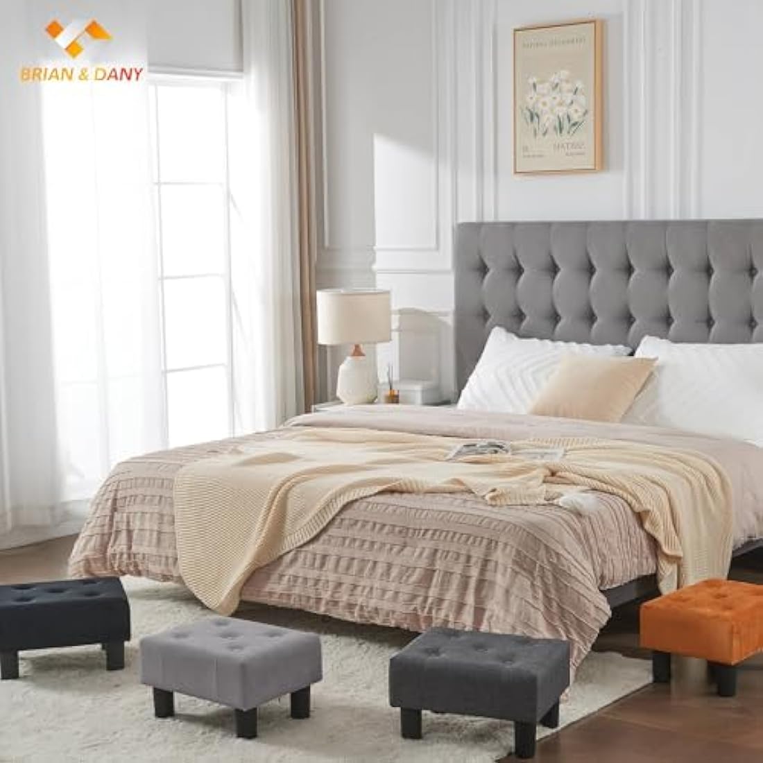 Velvet Footstool – Small Storage Ottoman for Living Room, Gray