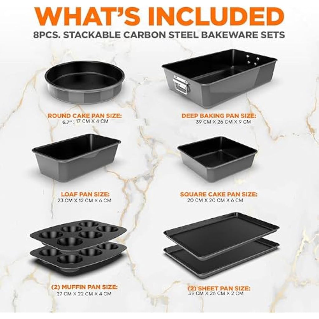 NutriChef 8-Piece Non-Stick Bakeware Set – Stackable Carbon Steel