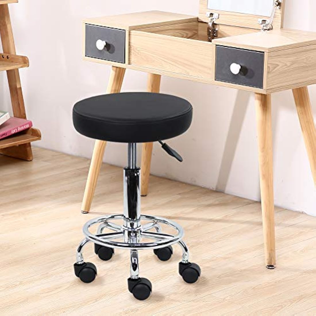 KKTONER PU Leather Rolling Stool - Adjustable Swivel Salon Chair with Footrest