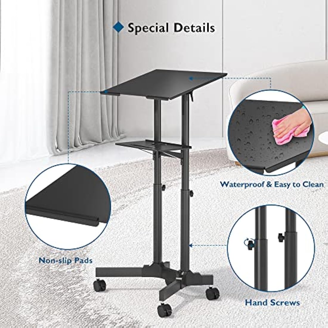 BONTEC Mobile Laptop Desk – Adjustable Rolling Standing Desk with Wheels