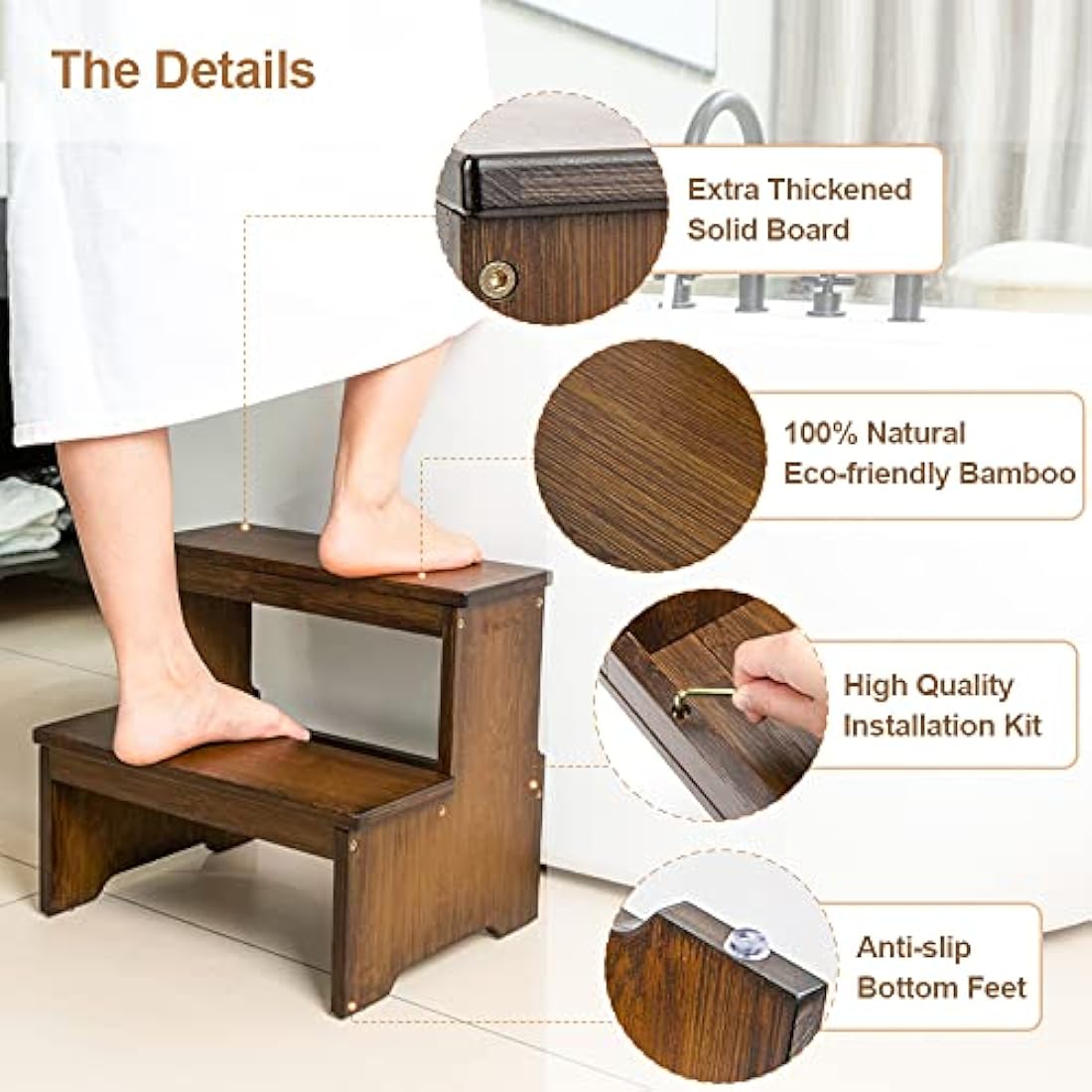 StrongTek Bamboo Two Step Stool | Heavy Duty 400 lbs Capacity Wooden Stairs