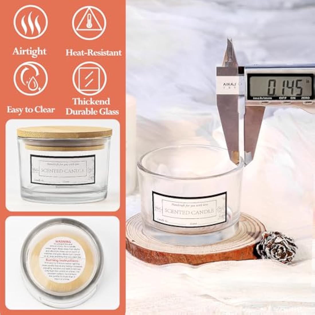 CONNOO 4oz Clear Glass Candle Jars with Bamboo Lids - 15 Pack Bulk