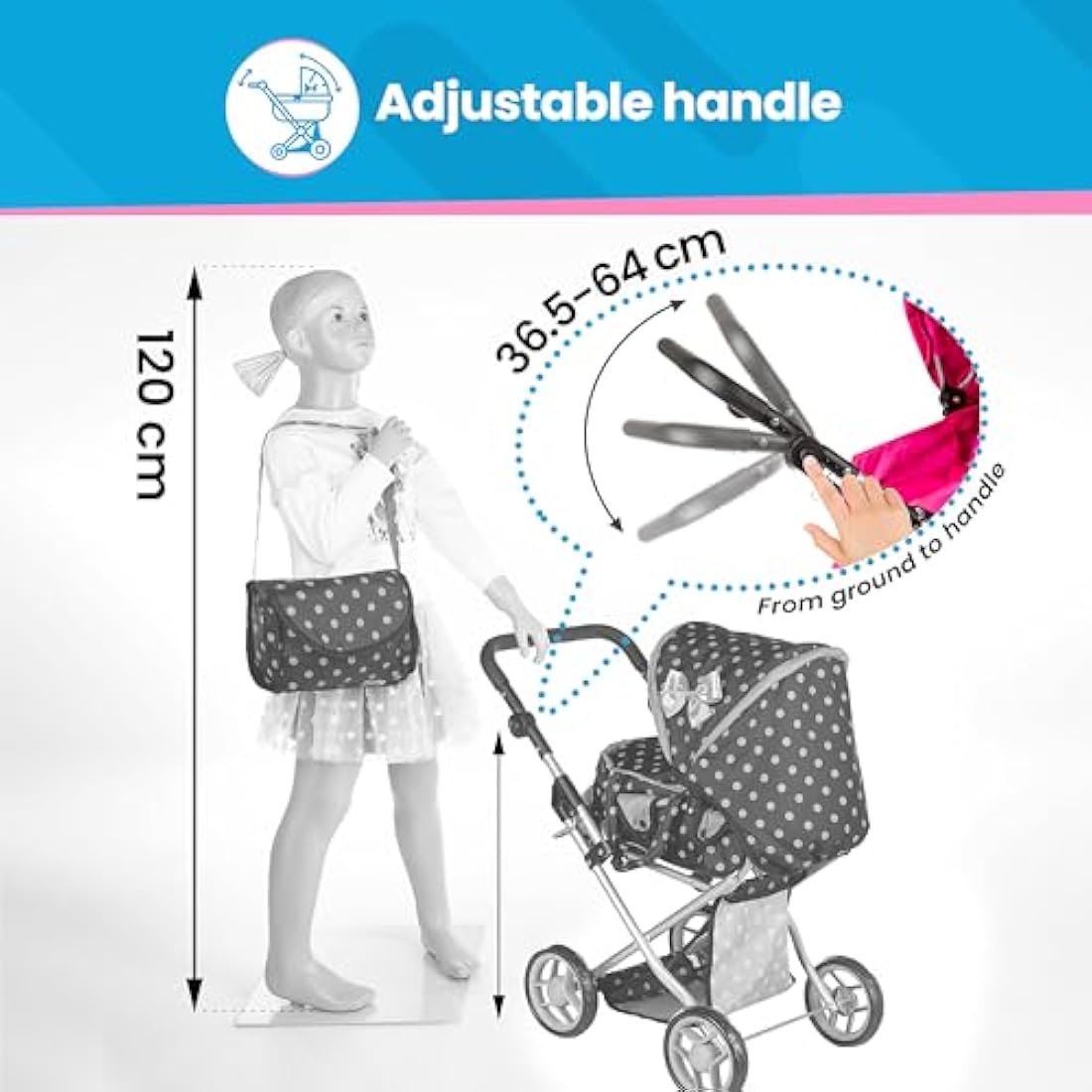 Kinderplay 3-in-1 Doll Pram – Adjustable Toy Stroller for Girls, KP0200G