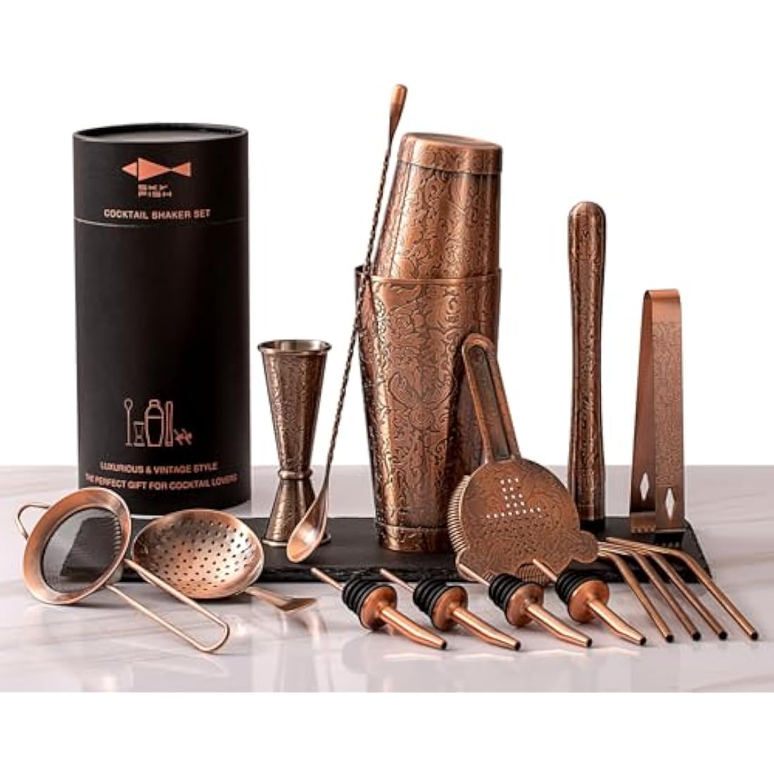 SKY FISH 18-Piece Boston Cocktail Shaker Set | 3D Embossed Antique Copper