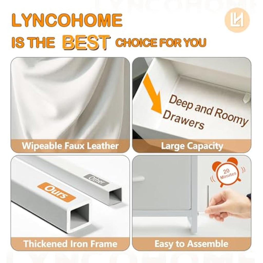 LYNCOHOME 9 Drawer Fabric Dresser – White Chest of Drawers for Bedroom