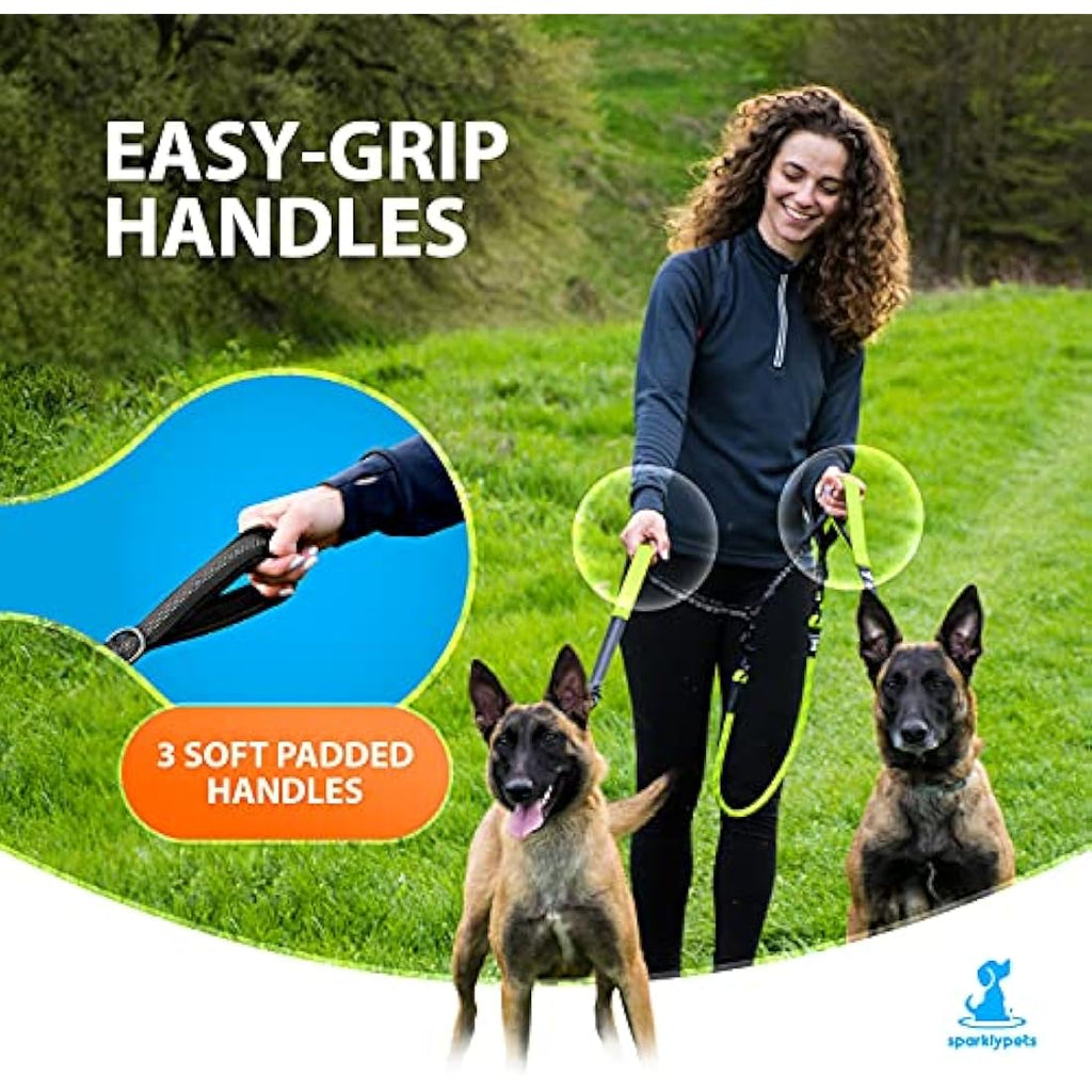 SparklyPets Double Dog Leash – Tangle-Free Bungee for 2 Dogs | Green
