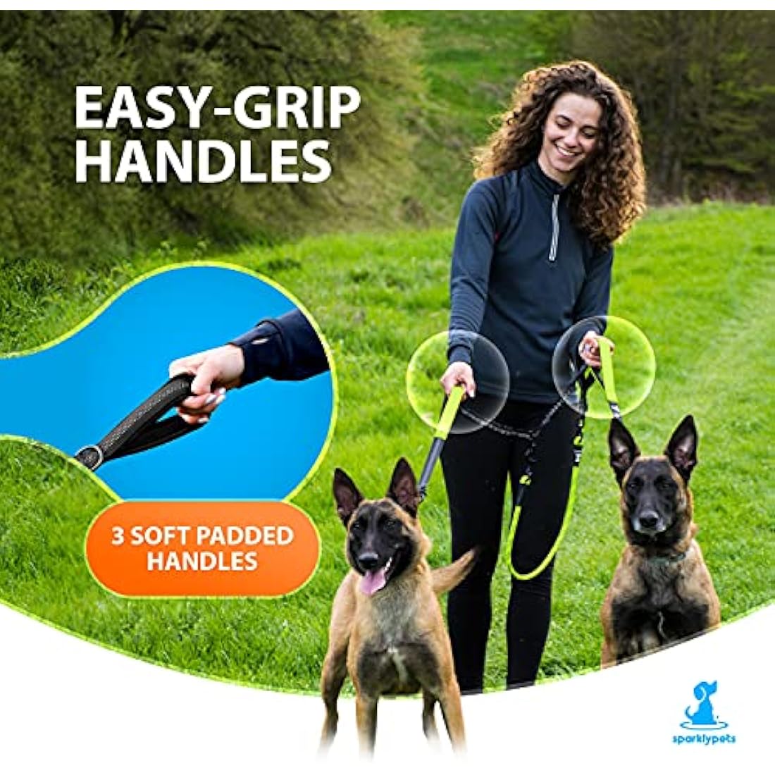 SparklyPets Double Dog Leash – Tangle-Free Bungee for 2 Dogs | Green