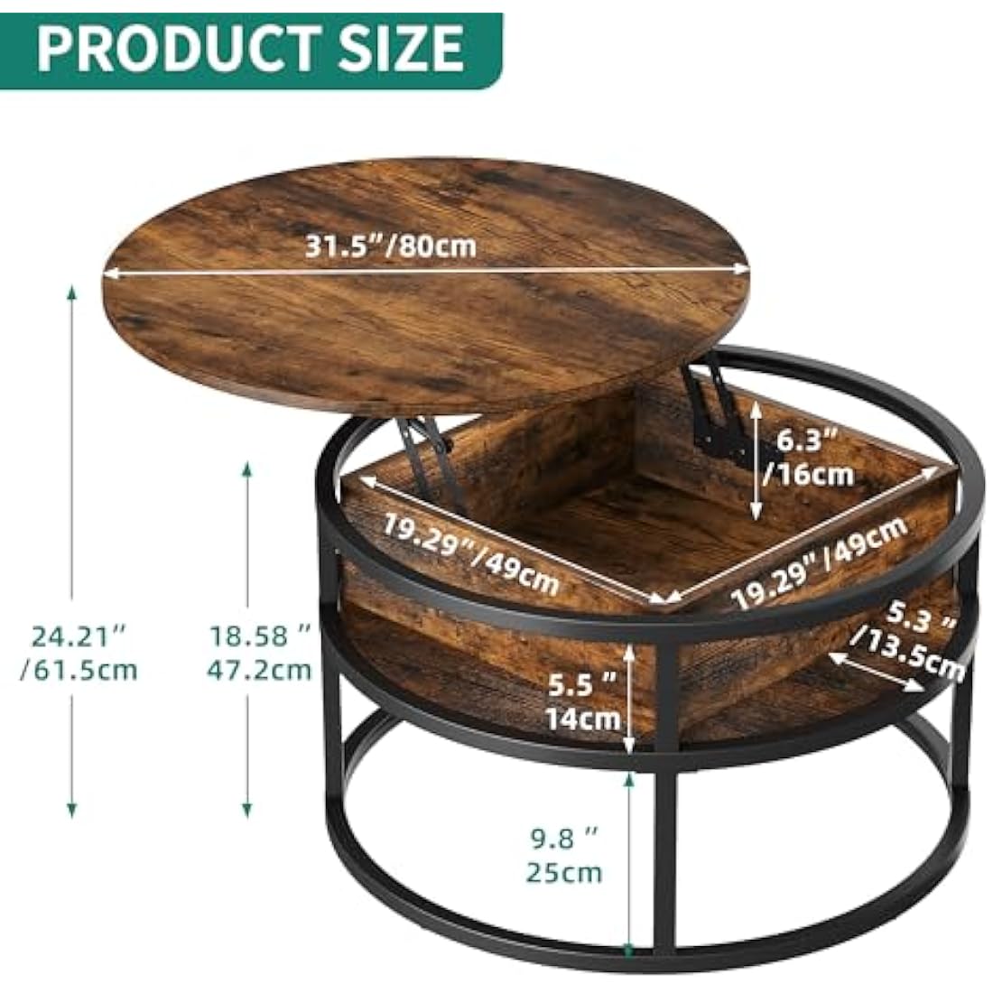 YITAHOME Round Lift Top Coffee Table with Hidden Storage – Brown Wood