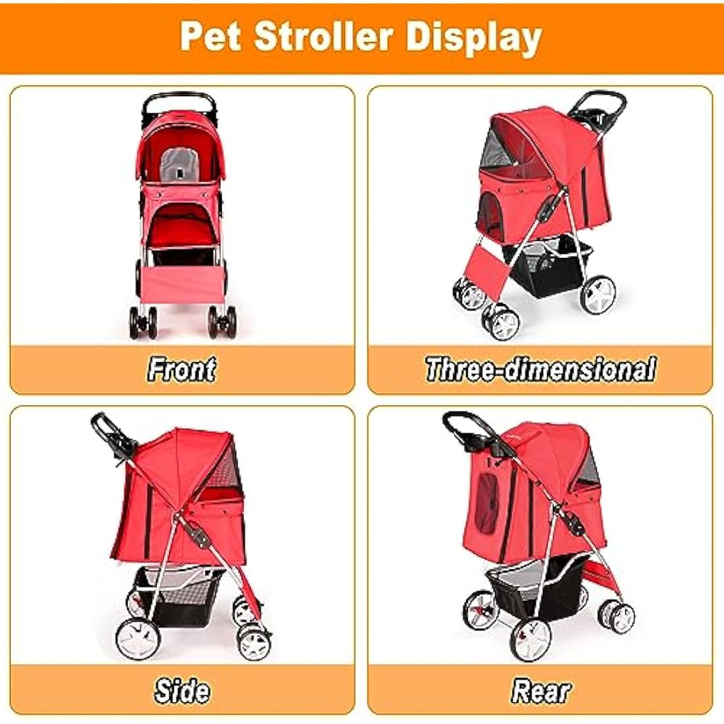 Display4top 4-Wheel Pet Travel Stroller - Foldable Dog & Cat Buggy, Red