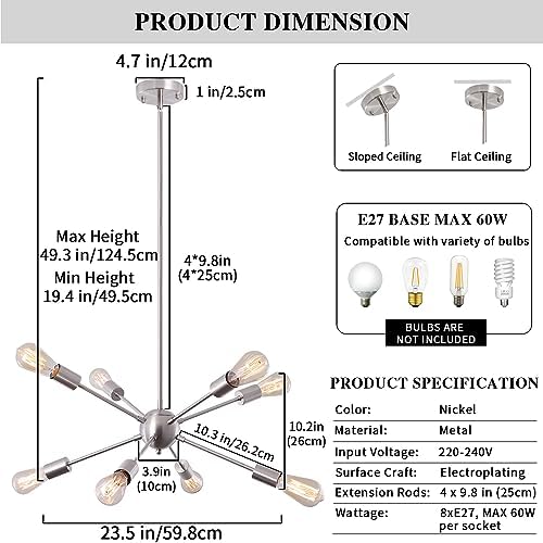 Jolof Store Sputnik Chandelier – 8-Light Brushed Nickel Modern Ceiling Light