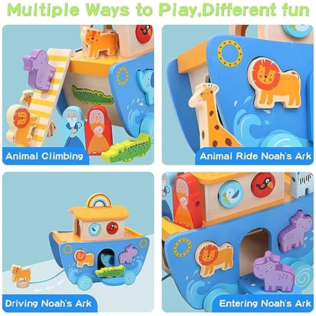Tooysea Wooden Noah's Ark Toy - Montessori Animal Shape Sorter Baptism Gift