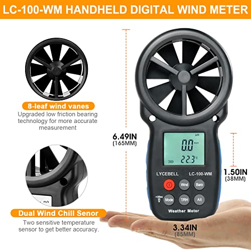 LYCEBELL Digital Anemometer & Barometer | Handheld Wind Speed Meter