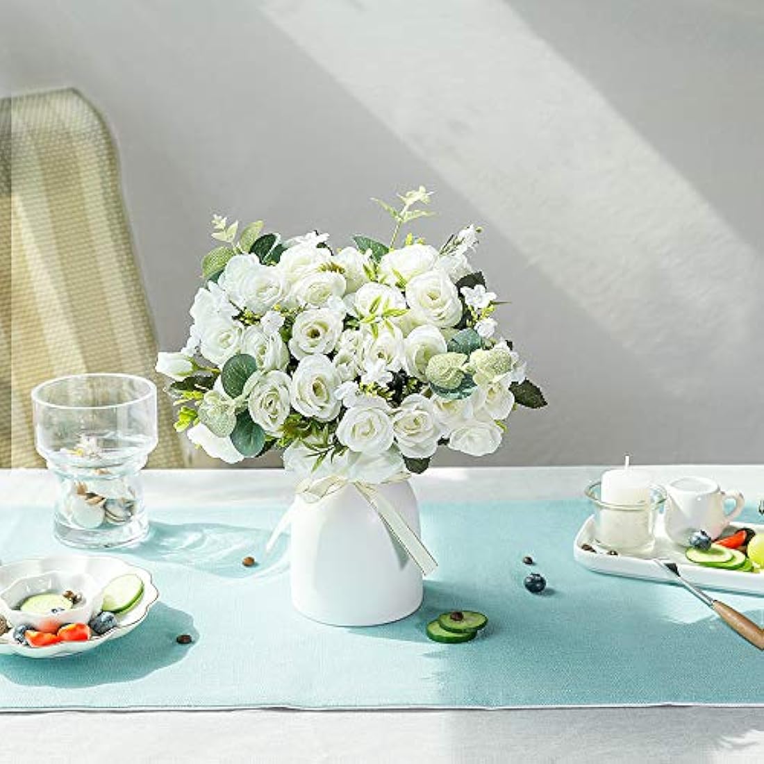 Jolof Store Artificial Silk Rose Arrangement with Ceramic Vase - White