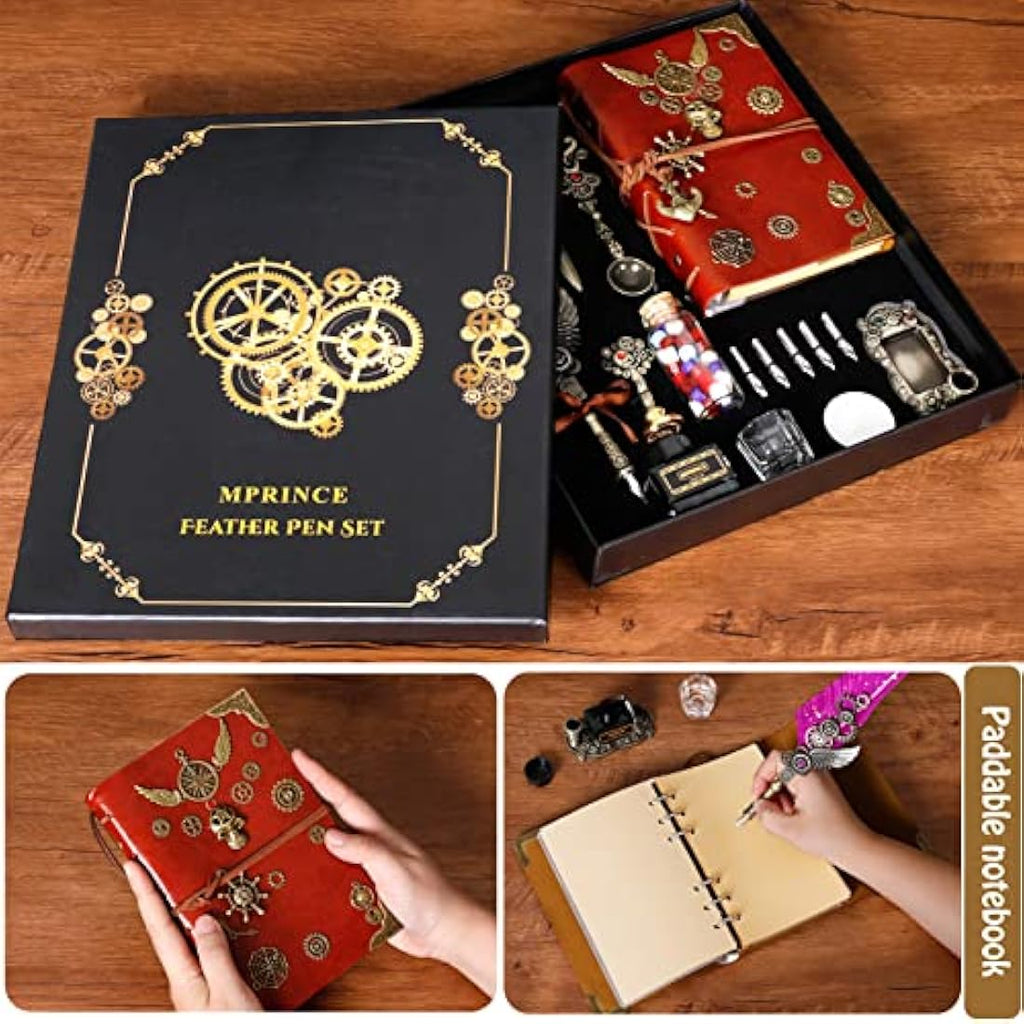 MPRINCE Quill Pen and Ink Set | Leather Notebook & Wax Seal Kit (Blue)