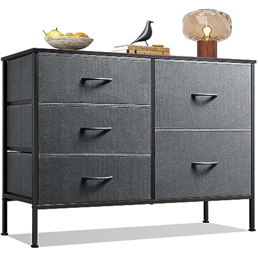 WLIVE 5-Drawer Fabric Dresser | Sturdy Steel Storage Chest, Black Walnut