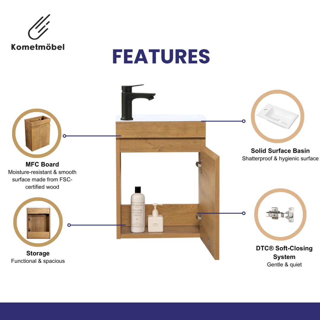 Kometmöbel Cloakroom Vanity Unit With Wash Basin Bathroom Vanity 40cm Wall Hung Oak 40cm, Without Tap