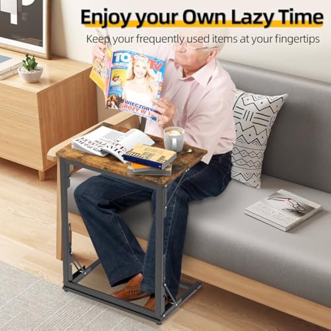 MOXYOY C-Shaped Side Table – Foldable Laptop Desk with Sturdy Steel Frame