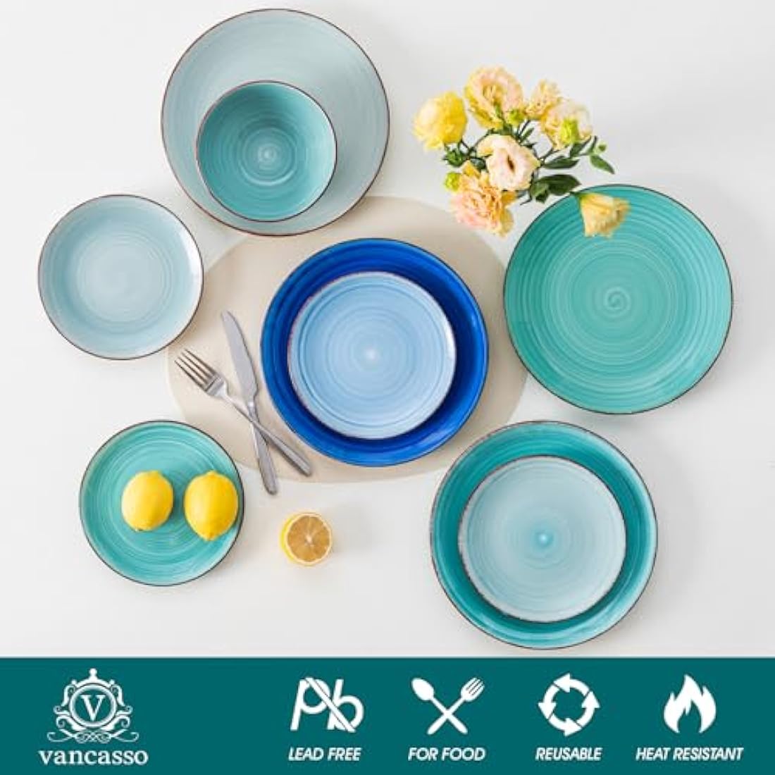vancasso Bonita 18-Piece Blue Stoneware Dinnerware Set for 6