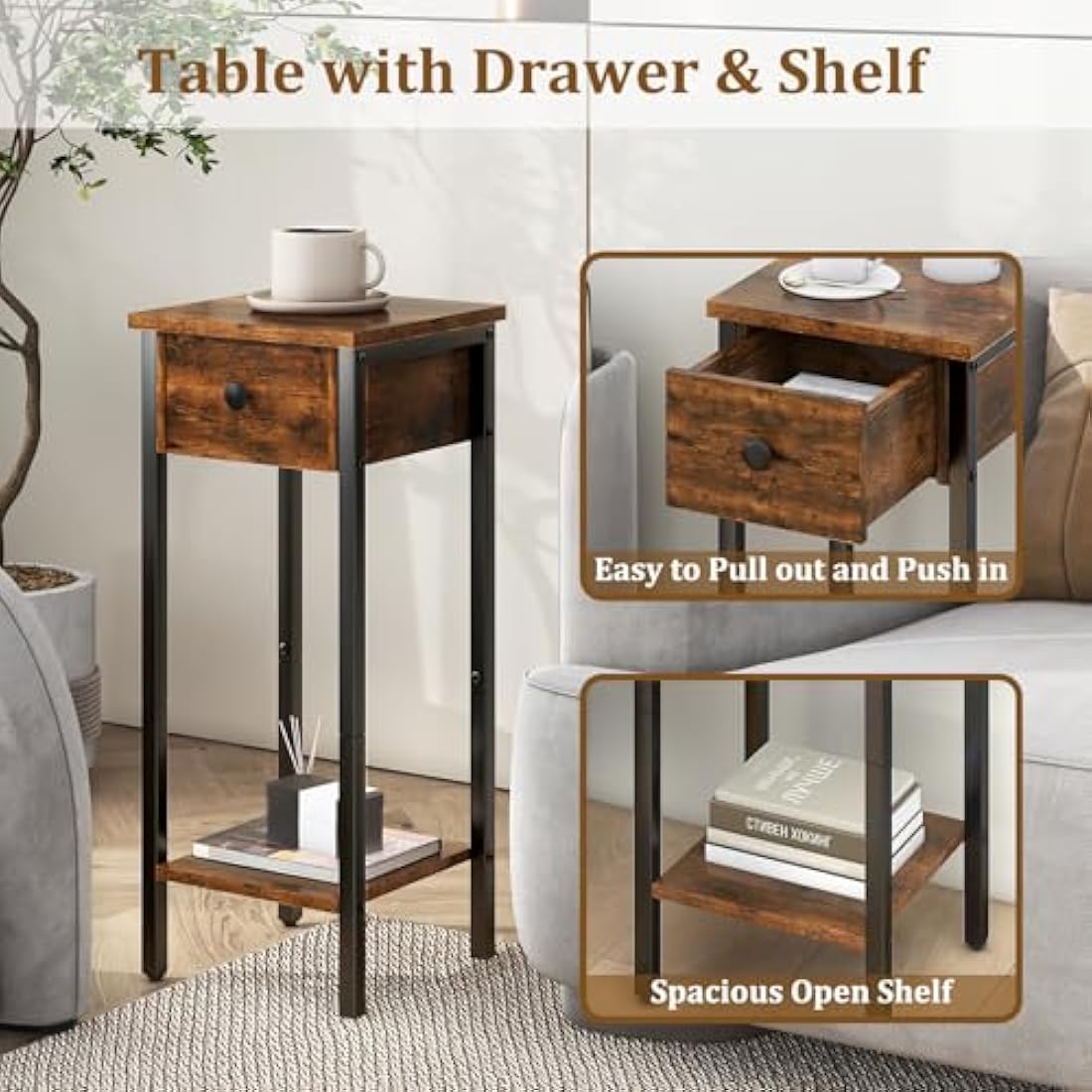 IBUYKE Narrow Nightstand Set of 2 | Slim Industrial Bedside Table, Brown