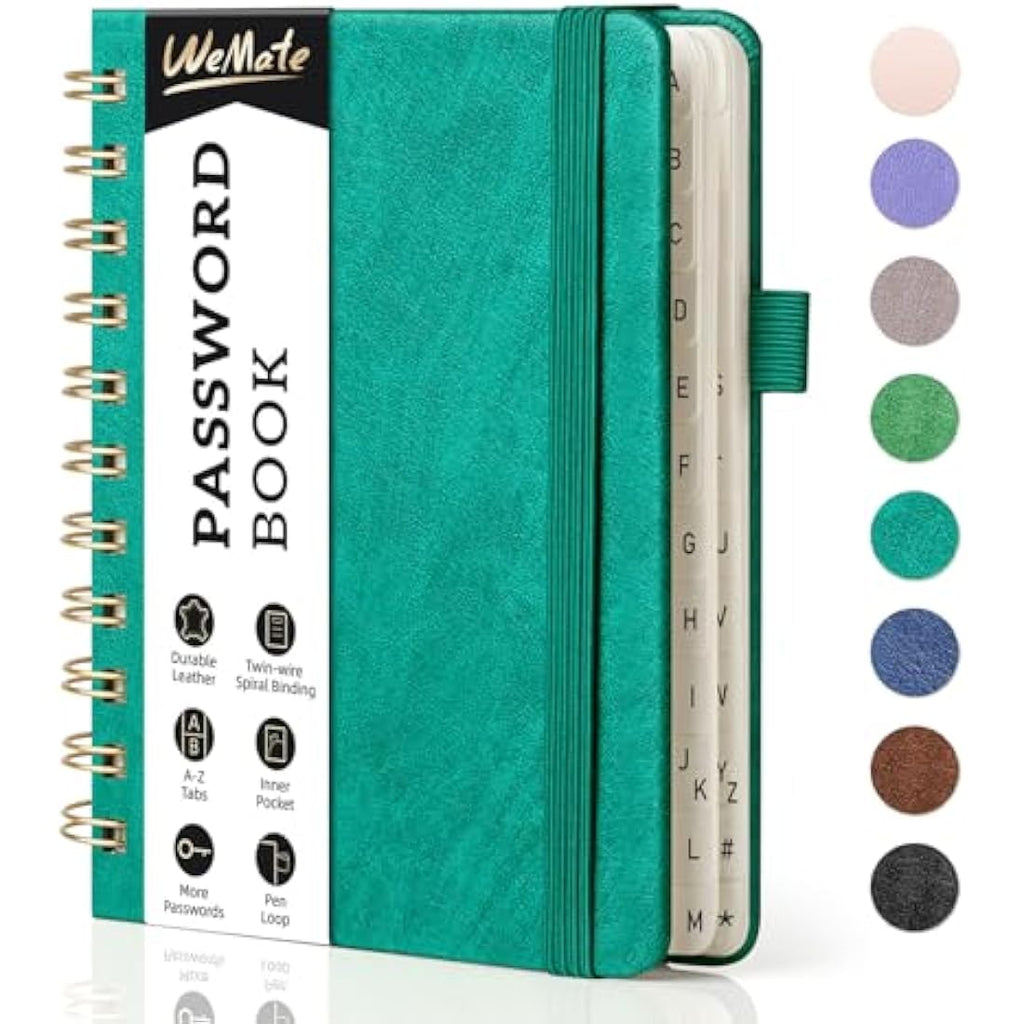 WEMATE Spiral Password Book with Alphabetical Tabs - Teal Hardcover Journal