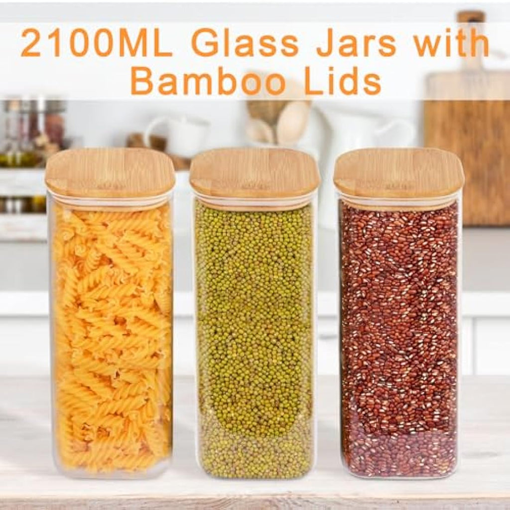 Jolof Store 2100ml Glass Storage Jars with Bamboo Lids - 3 Pack Square