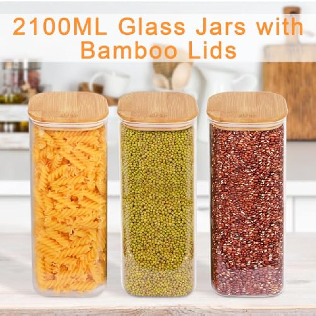 Jolof Store 2100ml Glass Storage Jars with Bamboo Lids - 3 Pack Square