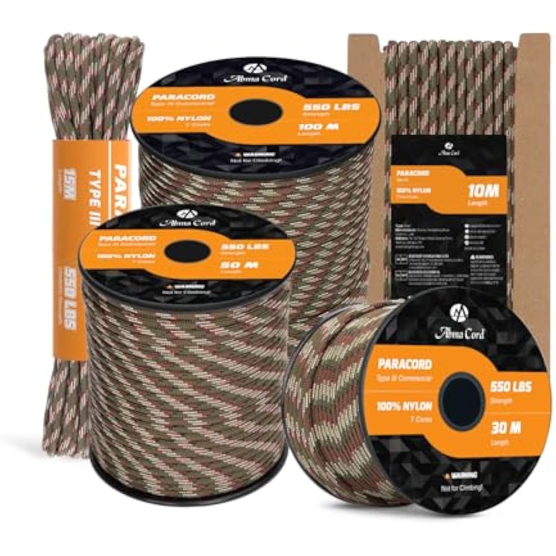 Abma Cord 550 Paracord – 100m Nylon Type III 7 Strand Rope, Forest Camo