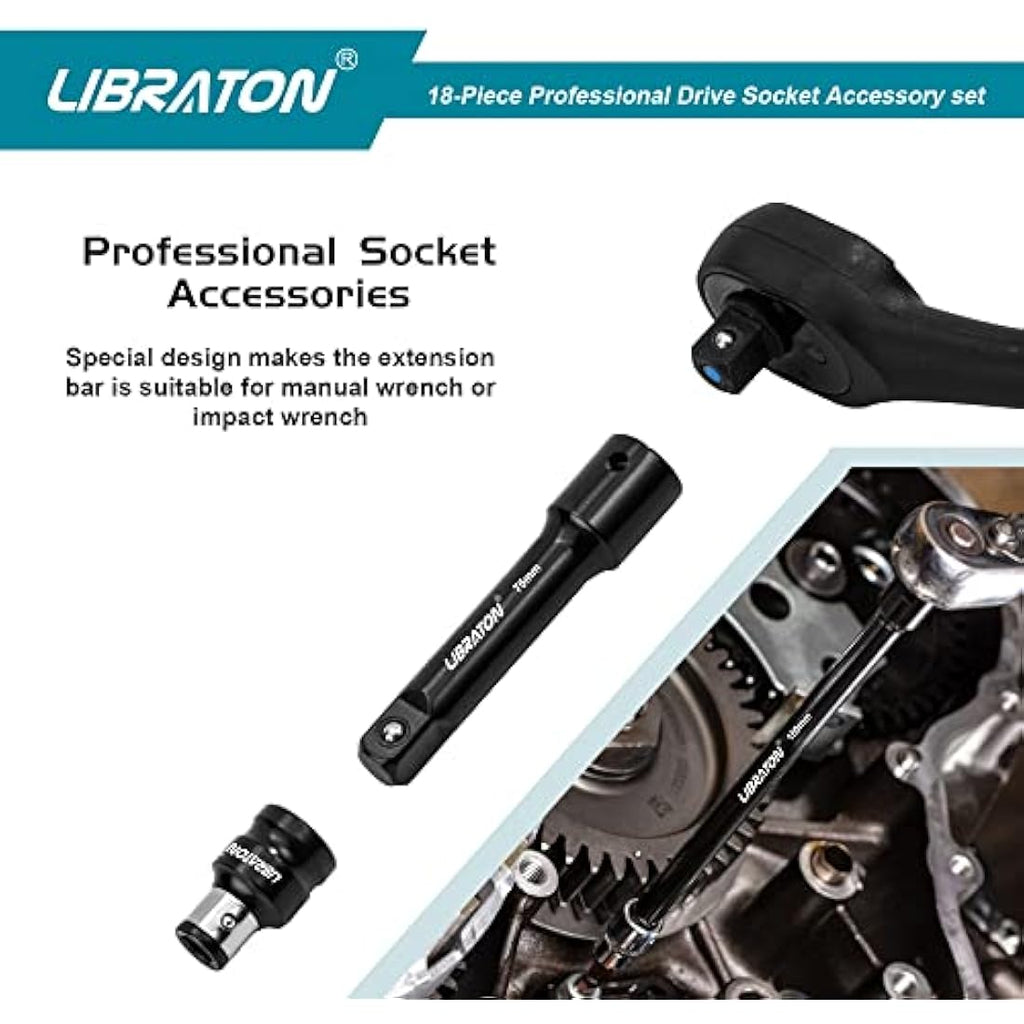 Libraton 18-Piece Socket Extension Bar Set | Cr-V Steel Drive Adapters