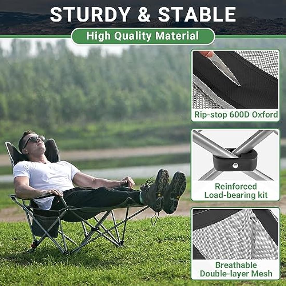 WEJOY Folding Recliner Camping Chairs with Footrest, Black - Set of 2