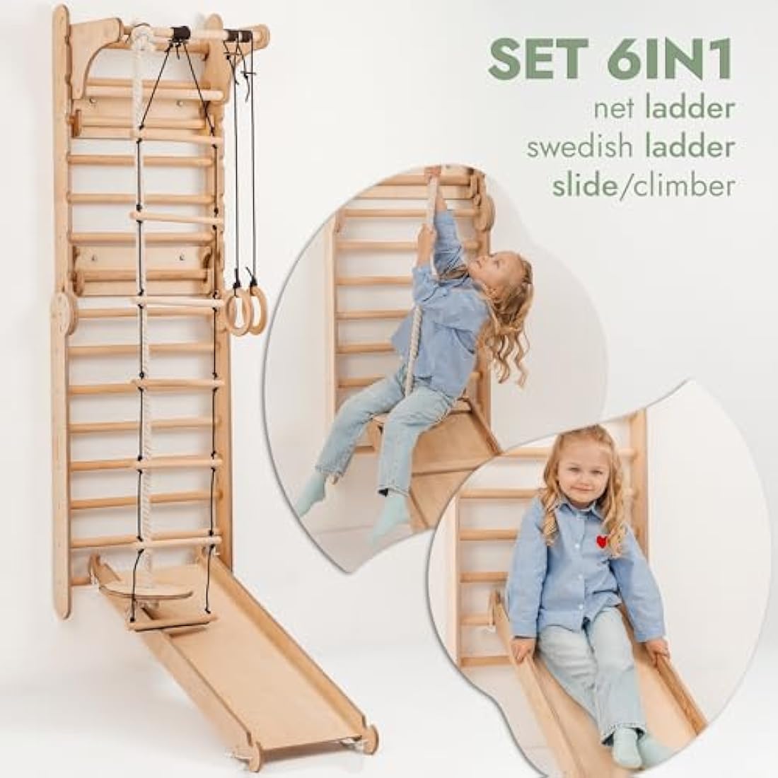 6-in-1 Wooden Swedish Wall & Slide Indoor Climbing Frame