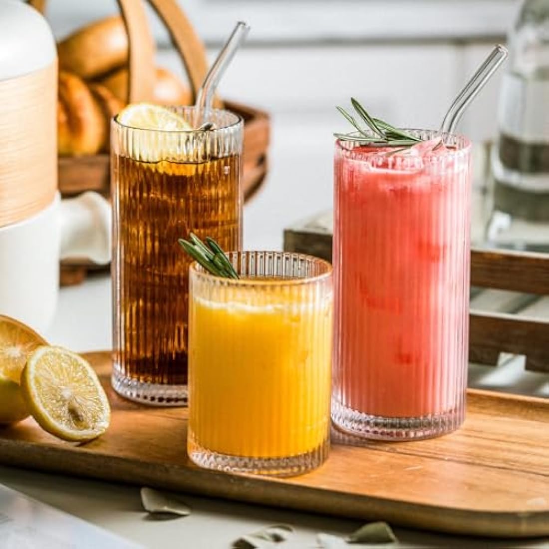 INSETLAN Ribbed Drinking Glasses - 6pc Origami Highball Glass Set