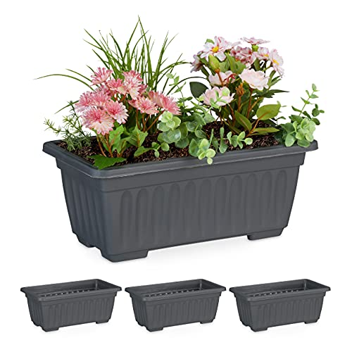 Relaxdays Set of 4 Anthracite Planters – Plastic Balcony Flower Boxes