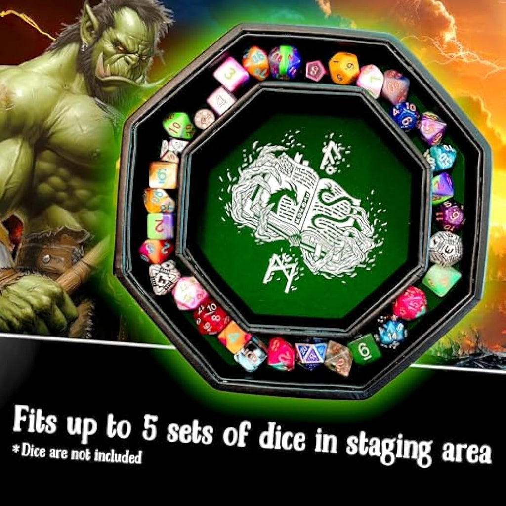 Fantasydice Green Fire Dragon Octagon Dice Tray with Lid and Staging Area