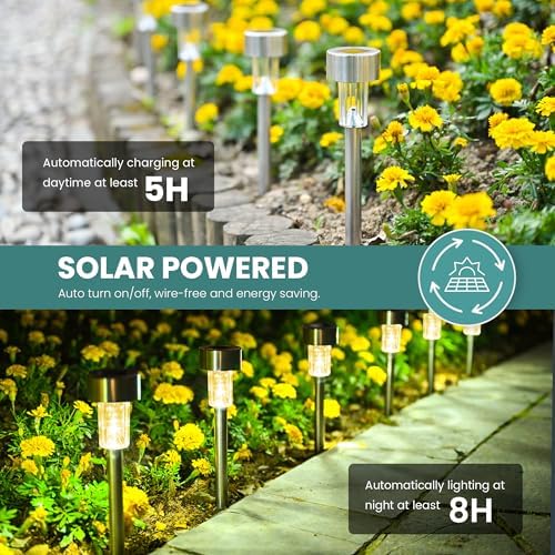 GIGALUMI Solar Garden Lights | 24 Pack Stainless Steel Outdoor Pathway Lights