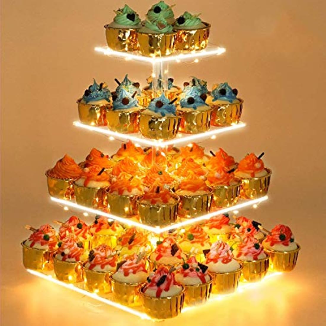 Jolof Store 4 Tier Acrylic Cupcake Stand with LED Light - 52 Cupcake Tower