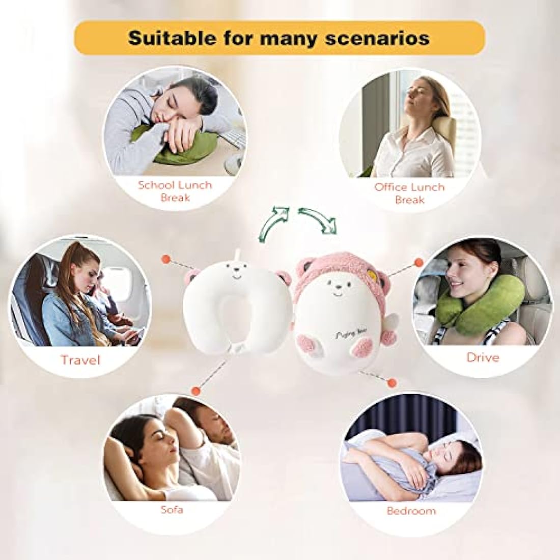JOYRAVO Kids 2-in-1 Convertible Travel Neck Pillow – Pink Bear Plush