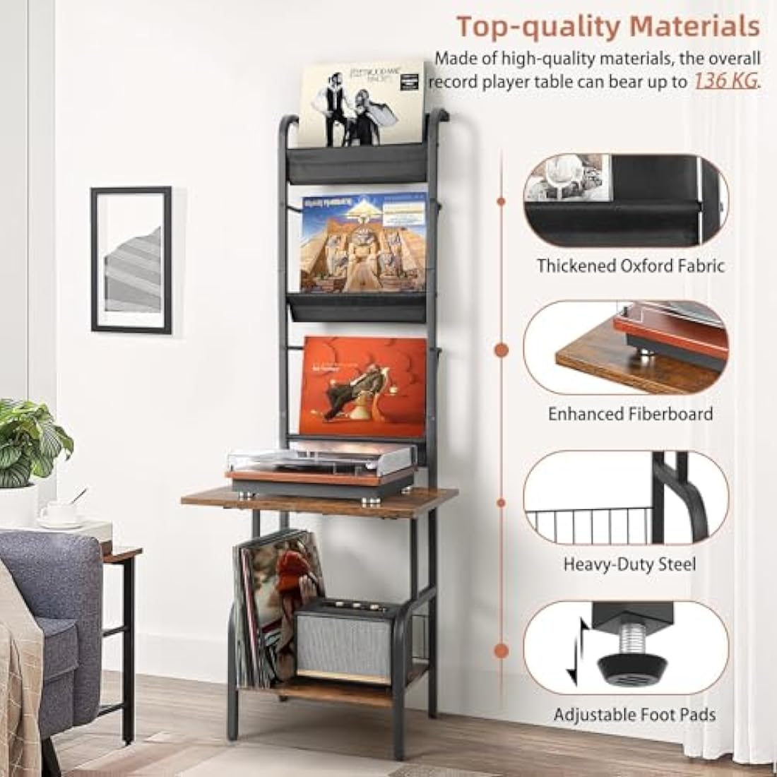 VINCOURNA 3-Tier Vinyl Record Storage Stand - 200 Album Turntable Holder