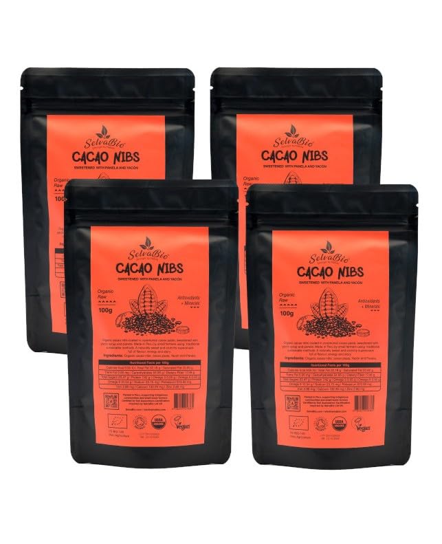 SelvaBio Organic Raw Cacao Nibs with Yacon & Panela - 400g Vegan Snack