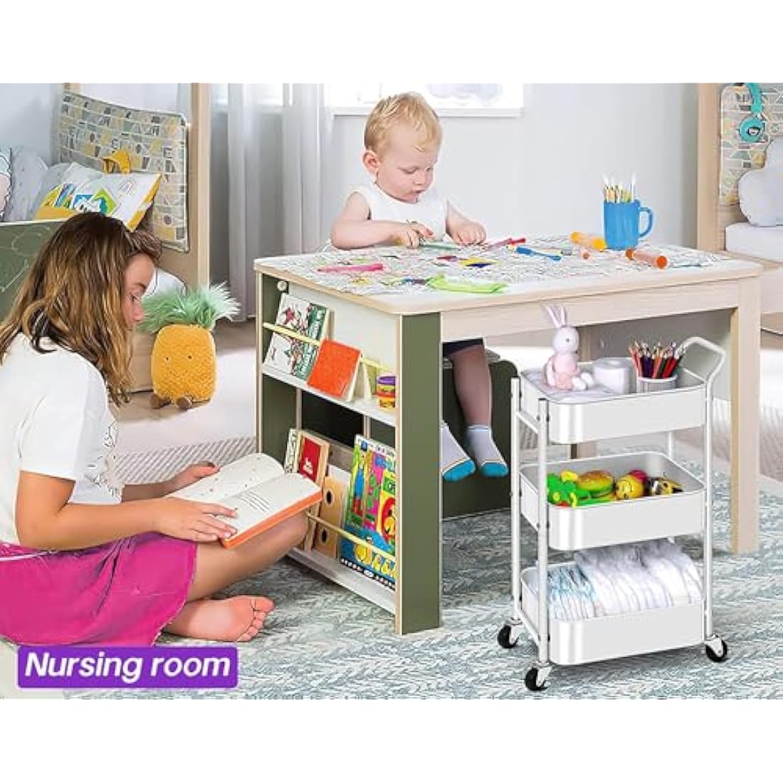 MISSLO 3-Tier Metal Utility Rolling Cart – Under Desk Storage Trolley, White