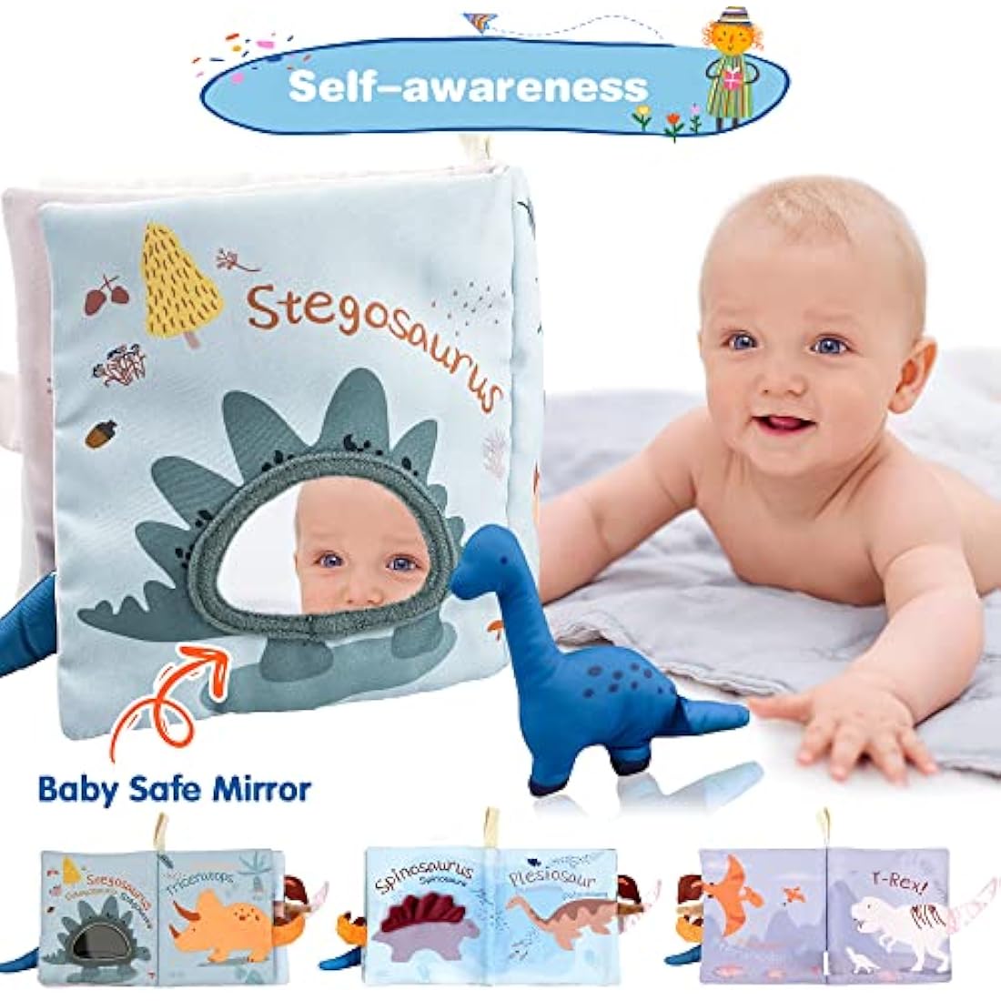 Richgv Soft Baby Sensory Book – Dinosaur Crinkle Toy for Stroller & Travel