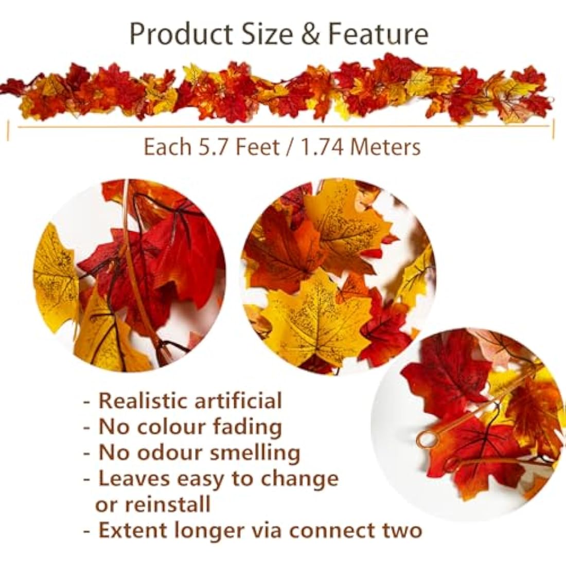 TENQUAN 2 Pack Artificial Maple Leaf Garland – 5.7ft Fall Autumn Decor