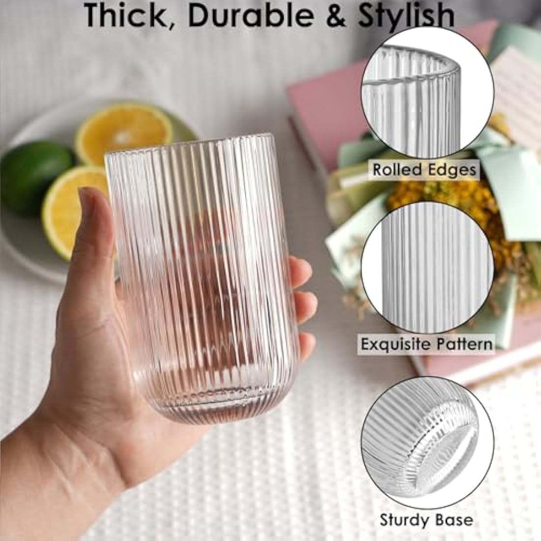 TKNO Ribbed Highball Glasses – 410ml Origami Style Fluted Tumblers, Set of 6