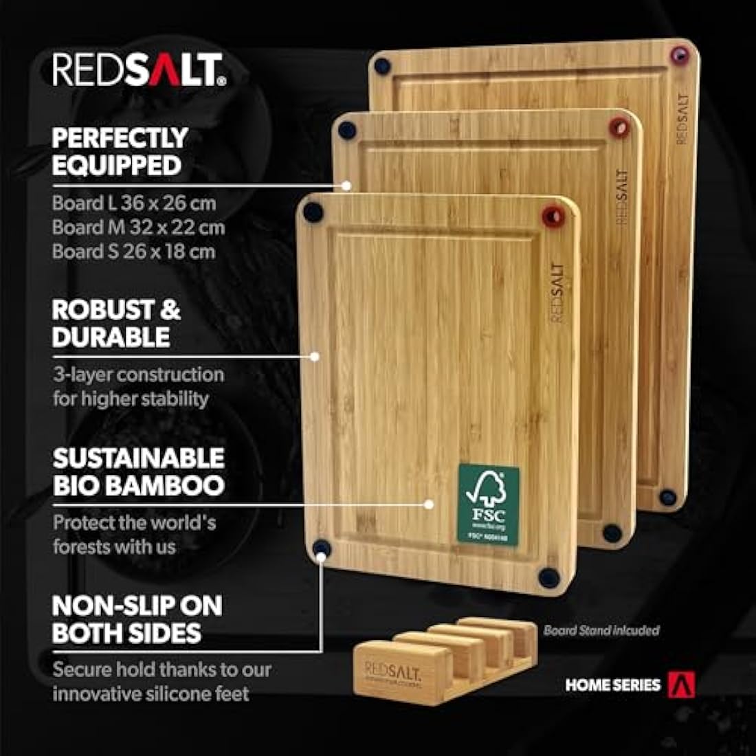 REDSALT Organic Bamboo Chopping Board Set of 3 – Non-Slip Kitchen Boards