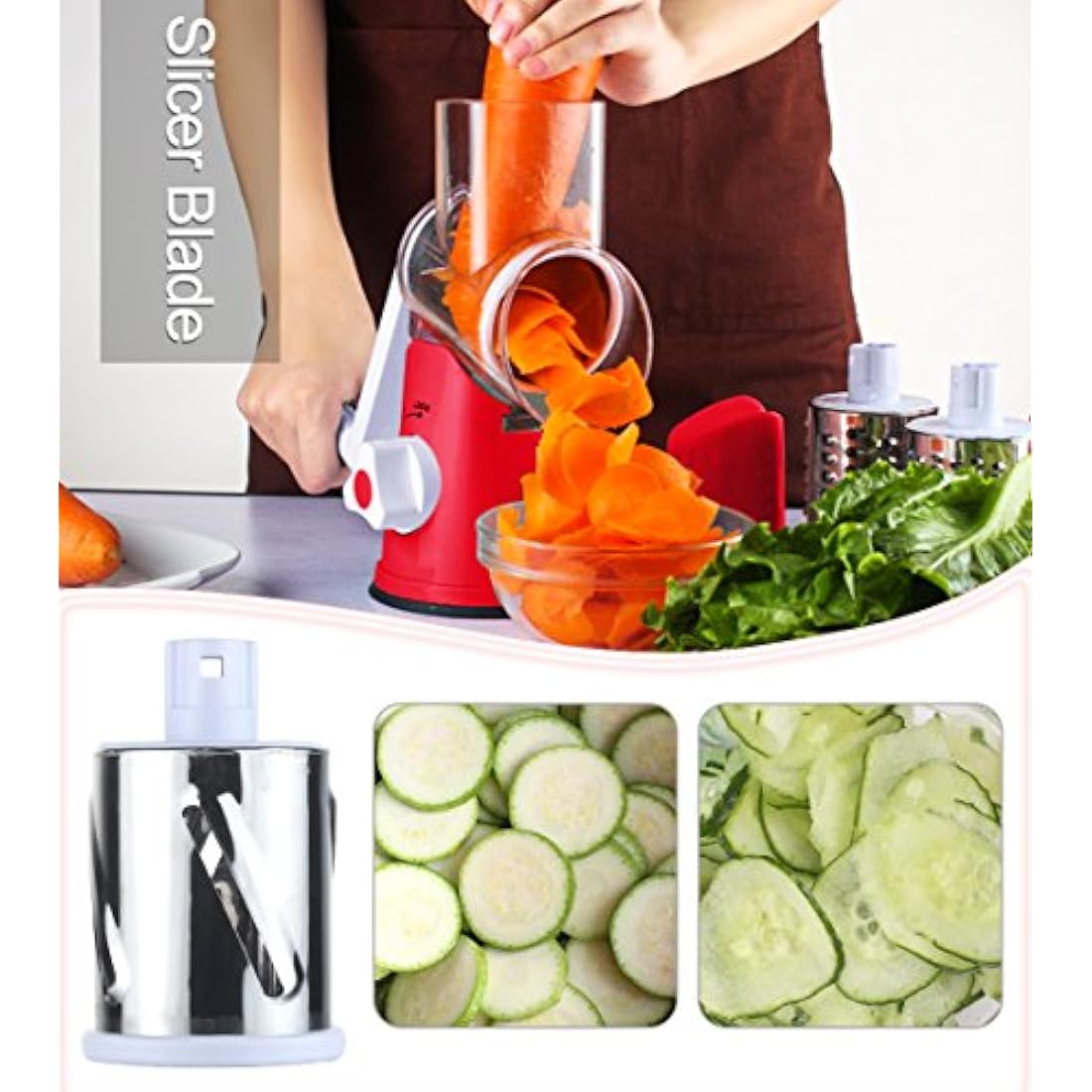 Ourokhome Rotary Cheese Grater - 3-Blade Vegetable Slicer & Chopper, Red
