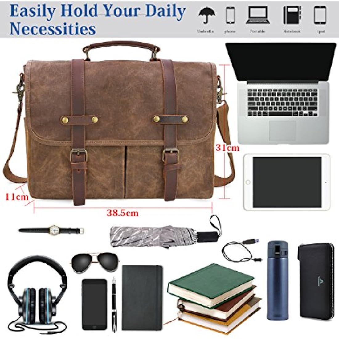 Mens 15.6 Laptop Messenger Bag – Waterproof Canvas Satchel