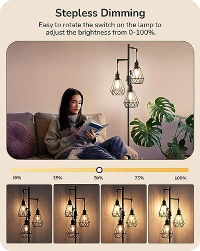 EDISHINE Industrial Floor Lamp | Dimmable 3-Light Cage Standing Lamp