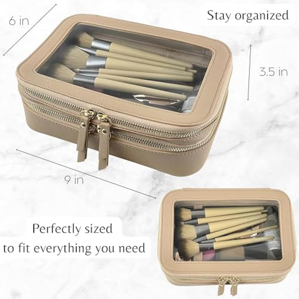 JAZD Clear Makeup Organizer | Large Travel Cosmetic Bag - Beige Saffiano