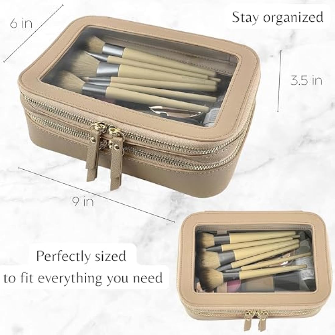 JAZD Clear Makeup Organizer | Large Travel Cosmetic Bag - Beige Saffiano
